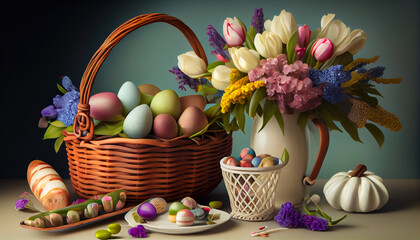 Obraz na płótnie Canvas A Burst of Color: Easter Eggs and Fresh Tulips in a Decorative Basket - ai generated