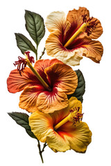 three isolated yellow, red, pink hibiscus flowers photo style, spring, decorative floral illustration, transparent background, png, horizontal, vertical, floral, tropical, generative ai