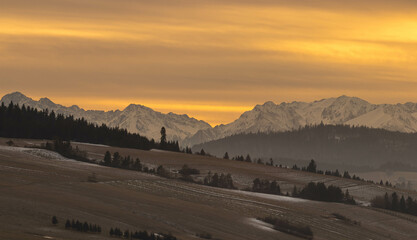 Amazing sunset winter landscape of the Polish Tatra Mountains.