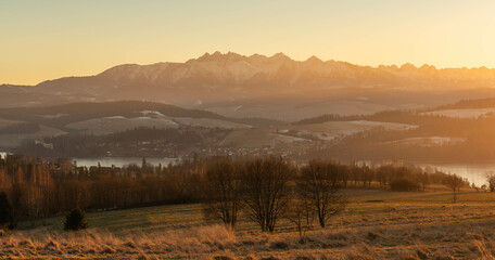 Sunset and panorama of the Tatra Mountains in Poland.
