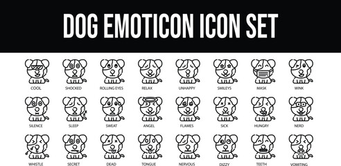 Dog Emoticon stroke outline icons set 