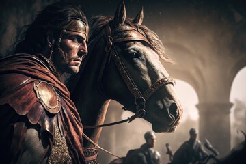 Alexander the Great Mounted on his Steed Horse. Battle in Ancient Times. Generative AI