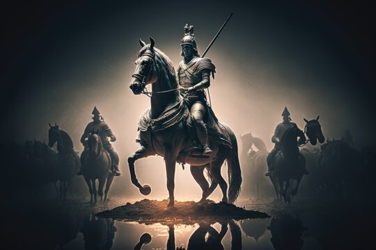 Alexander the Great Mounted on his Steed Horse. Battle in Ancient Times. Generative AI