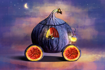 Surreal digital painting of a fig in the form of a magical carriage.