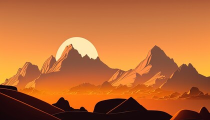 Fototapeta na wymiar a landscape with mountains and a sunset in the background with a bird flying over the top of the mountain and the sun in the distance. generative ai