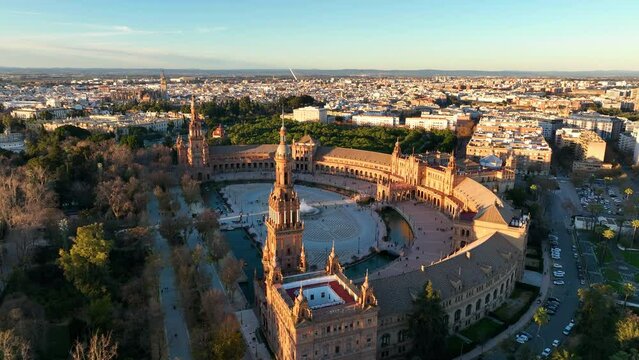 4k Aerial view of Plaza de Espana at sunrise in Seville, Spain. Evening view of Maria Luisa Park