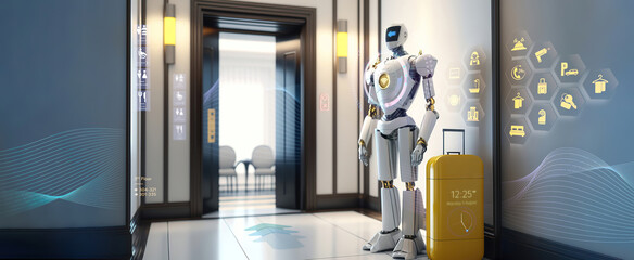 wide banner of robot butler or room service delivering bags to hotel room - Generative AI - obrazy, fototapety, plakaty