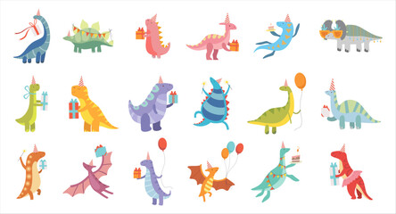Cute dinosaurs celebrating birthday set. Adorable prehistoric animals with present boxes and inflatable balloons cartoon vector Illustration