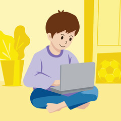 illustration of a boy sitting studying using a laptop, against a bright yellow room background