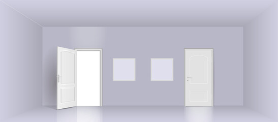 The interior of a bright, empty room. Entrance doors.
Free space for copying 3d vector images.