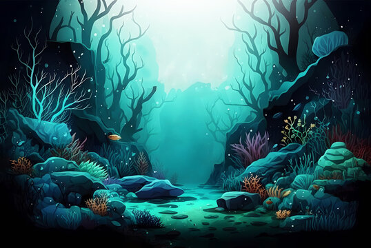 Illustration, seabed, framing frame underwater background with corals and algae