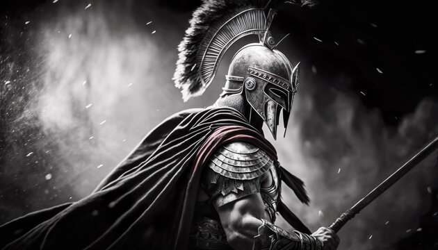 Side view of a brave Spartan warrior as he steps on to the battlefield . Black and white .Created using generative Ai tools