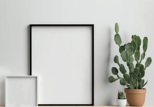 Empty vertical frame mockup in modern minimalist interior with plant