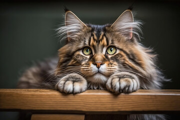 a close up of a cat sitting on a bench, mainecoon cat, ai art illustration 