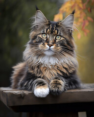 a close up of a cat sitting on a bench, mainecoon cat, ai art illustration 