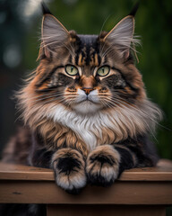 a close up of a cat sitting on a bench, mainecoon cat, ai art illustration 