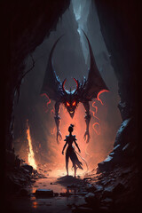 a demonic creature standing in the middle of a cave, dark fantasy, art illustration 