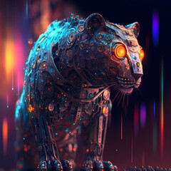 Robot cat with glowing eyes in colorful background. Created with generative Ai technology
