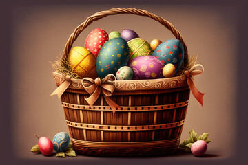 Easter eggs in basket illustration created using generative AI.