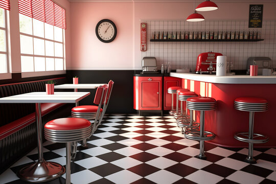 a red and black checkered floor in a diner, retro, ai art illustration 