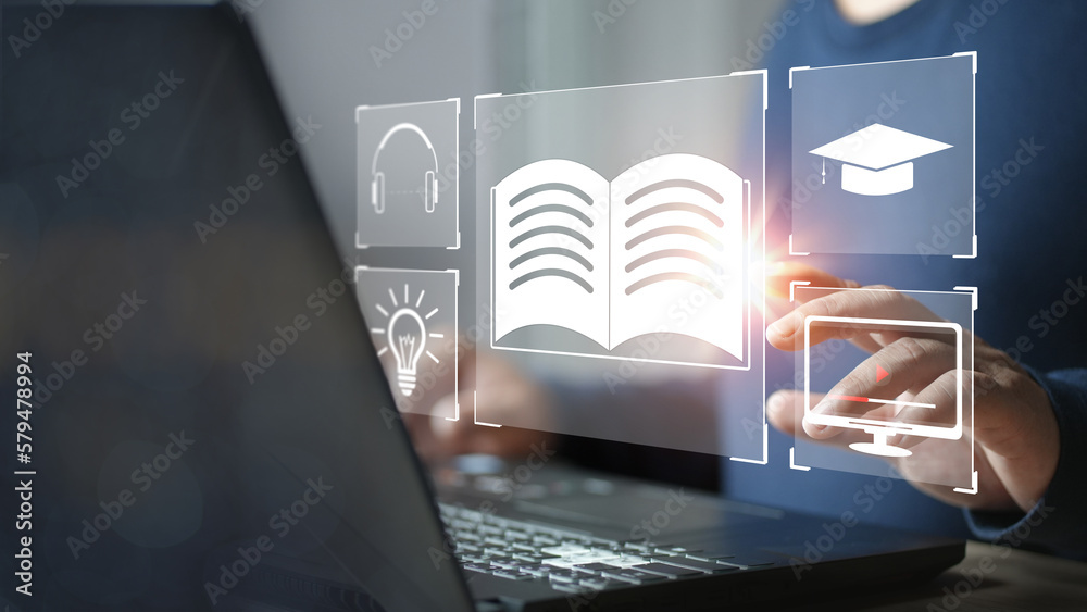 Poster e-learning education concept, learning online with webinar, video tutorial, internet lessons. E-learning and Online Education for Student and University Concept.