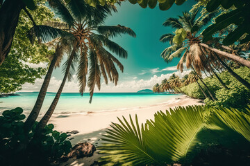 Fototapeta na wymiar a tropical beach with palm trees in the foreground, sunny day at beach, art illustration 