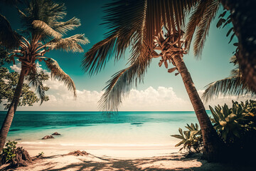 a tropical beach with palm trees in the foreground, sunny day at beach, art illustration 