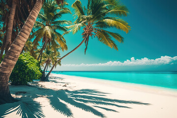 Fototapeta premium a tropical beach with palm trees in the foreground, sunny day at beach, art illustration 