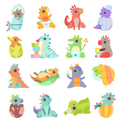 Fototapeta na wymiar Cute Little Dinosaur or Baby Dragon Hatched from Egg, Playing Toy Blocks and Sitting Big Vector Set