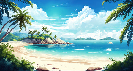 Obraz na płótnie Canvas Seascape illustration sandy beach with coconut trees, bright blue sea with white waves, islands with green forests on the horizon, white clouds in the sky, art illustration