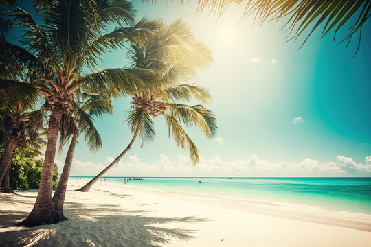 a tropical beach with palm trees in the foreground, sunny day at beach, art illustration 