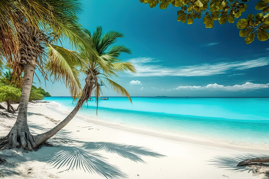 a tropical beach with palm trees in the foreground, sunny day at beach, art illustration 