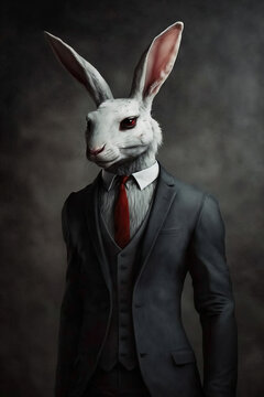 anthro white rabbit, red eyes, evil face, black business suit, full body, art illustration, art illustration 