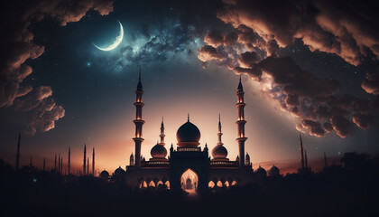 Fototapeta premium Mosque sunset sky, moon, holy night, islamic night and silhouette mosque, islamic wallpaper. Generative AI.
