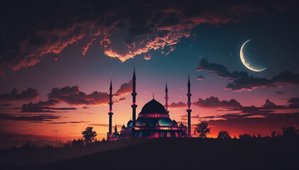 Obraz premium Mosque sunset sky, moon, holy night, islamic night and silhouette mosque, islamic wallpaper. Generative AI.