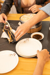 details of served table with dishes, domestic life and kitchen utensils, restaurant objects