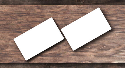 White blank business card mockup  on old wood texture background