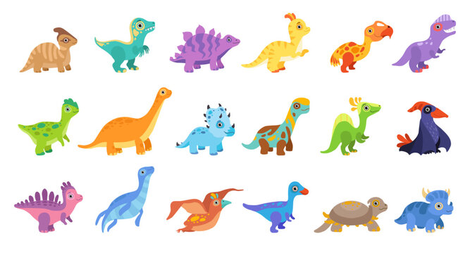 Set of cute baby dinosaurs. Adorable stegosaurus, brontosaurus, tyrannosaurus, velociraptor kid animals cartoon vector Illustration