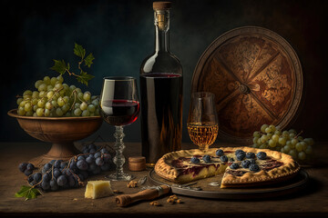 Still life of a pizza, a bottle and glass of red wine, grapes and fresh green herbs on a wooden table and dark background. Photograph created with Generative AI technology