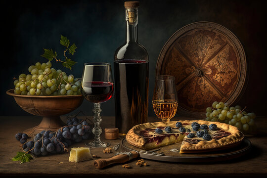 Still life of a pizza, a bottle and glass of red wine, grapes and fresh green herbs on a wooden table and dark background. Photograph created with Generative AI technology