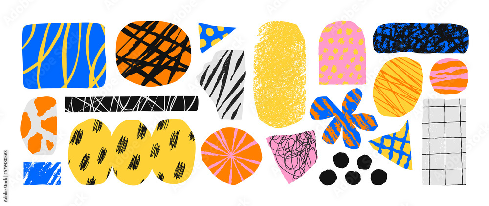 Poster colorful trendy abstract geometric shape set with modern doodles and bright paint texture. collage d