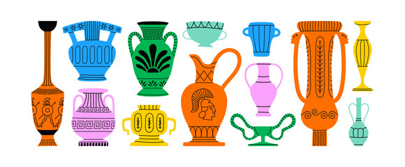 Colorful vintage greek vase decoration cartoon collection. Set of ancient history jar, clay pottery and historical doodle illustration on isolated background. Trendy home decor bundle.