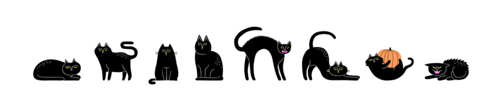 Set of halloween black cat animal cartoon illustration. Funny hand drawn witch cats collection on isolated background.