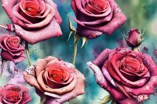 Watercolors roses flowers background, abstract flowers made from whatercolor paint splashes