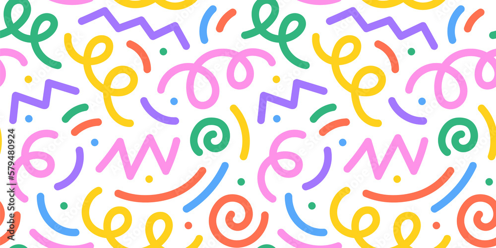 Poster Fun colorful line doodle seamless pattern. Creative minimalist style art background for children or trendy design with basic shapes. Simple childish scribble backdrop.