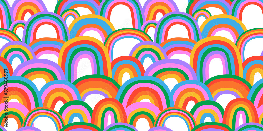 Poster diverse colorful rainbow doodle seamless pattern . multi color rainbows cartoon in funny hand drawn 