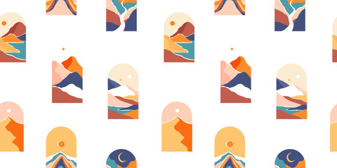 Trendy abstract mountain landscape view seamless pattern illustration. Vintage travel scenery environment background with diverse summer nature hill, desert dune and more.