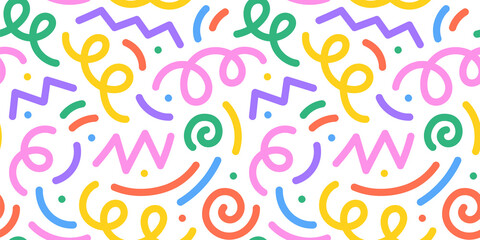 Fun colorful line doodle seamless pattern. Creative minimalist style art background for children or trendy design with basic shapes. Simple childish scribble backdrop.