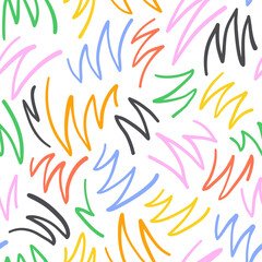 Colorful line doodle seamless pattern. Creative minimalist style art background, trendy design with basic shapes. Modern abstract color backdrop.