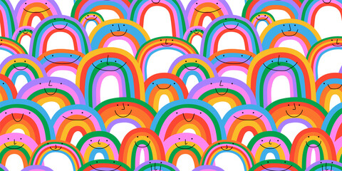 Diverse colorful rainbow seamless pattern illustration. Multi color cartoon characters in funny children doodle style. Friendly community or diversity pride background concept.	 - obrazy, fototapety, plakaty